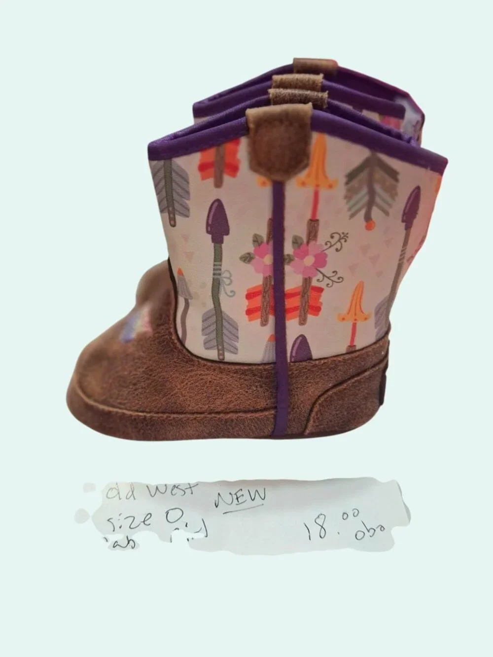 Old West Baby Girl Western Boots Size 0 With Velcro Closure & Arrow Print*SH2